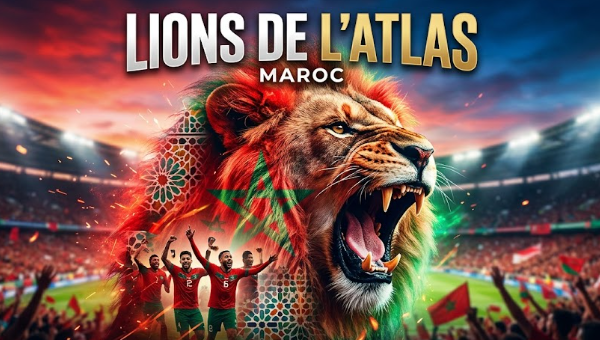 Graphisme de couverture pour les Lions de l’Atlas montrant un lion rugissant aux couleurs du Maroc, des joueurs célébrant dans un stade rempli de supporters et le texte Objectif 2026.