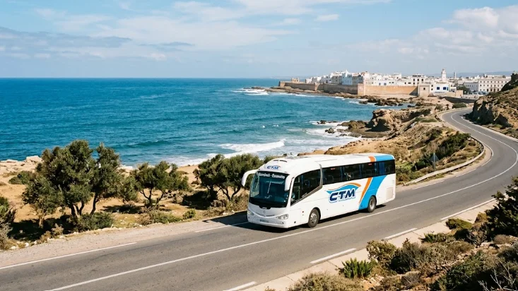 A modern coach driving along the scenic Moroccan coast with the focus keyword CTM Marrakech Essaouira.