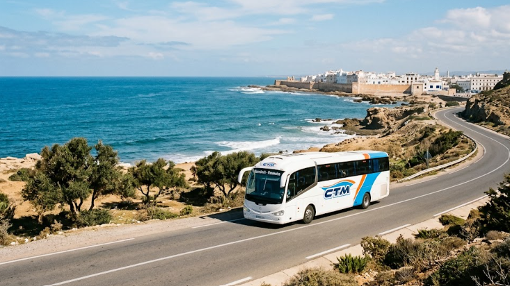 Un autocar sur la route côtière marocaine menant vers la ville fortifiée avec le mot-clé CTM Marrakech Essaouira.