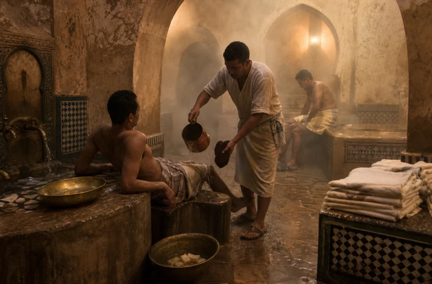 Des hommes se lavent dans un hammam traditionnel enfumé, avec de l’eau versée sur un client allongé