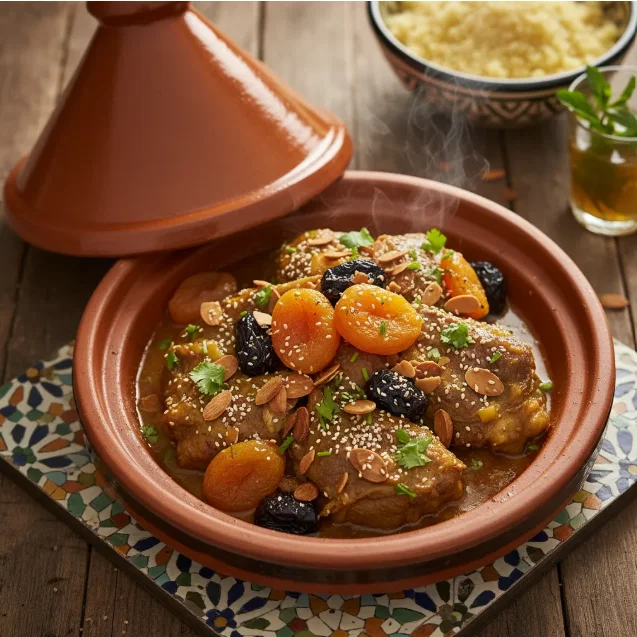 Un plat en argile fumant illustrant la gastronomie marocaine avec un tagine d'agneau tendre, décoré de pruneaux, d'abricots secs, de graines de sésame et d'amandes effilées.