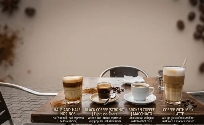 An infographic guide to the different drinks at a café à Casablanca, showcasing Nos-Nos (half-and-half), strong black coffee, broken coffee (macchiato), and coffee with milk (latte) lined up on a table.