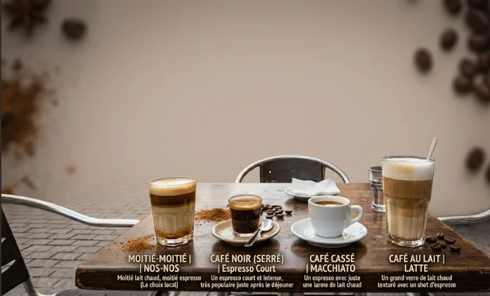 Infographie comparative des types de café à Casablanca : Nos-Nos (Moitié-Moitié), Café Noir serré, Café Cassé (Macchiato) et Café au lait (Latte) sur une table.
