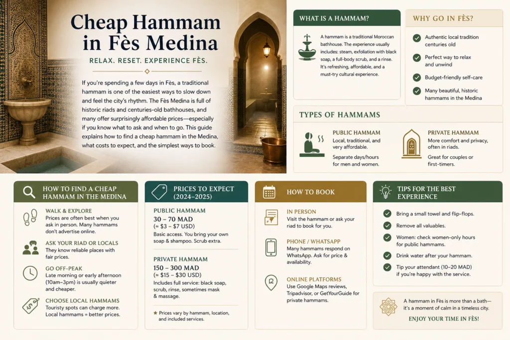 Infographie sur les hammams abordables à Fès, avec conseils, prix et types de hammams