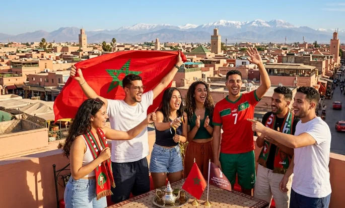 Jeunes marocains fêtant la qualification pour la Coupe du monde 2026 dans une médina.