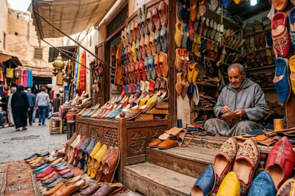 Étalage coloré où les babouches traditionnelles en cuir côtoient un artisan au travail dans un souk authentique.