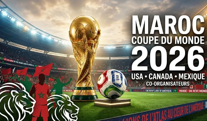 la Coupe du Monde 2026 au Maroc, montrant le trophée FIFA, un ballon et des supporters marocains.