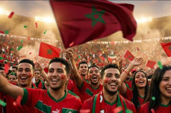 Une foule joyeuse de maroc fans en maillots rouges et verts célébrant dans les tribunes d'un stade en fête, brandissant le drapeau national du Maroc sous les confettis.