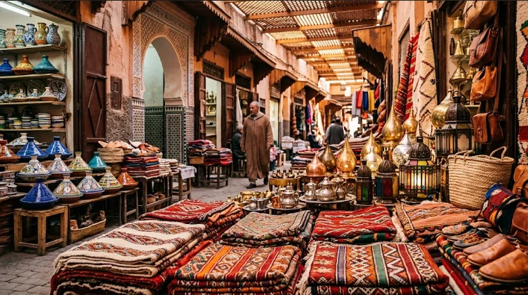 A vibrant marketplace display showcasing authentic Moroccan handicrafts, including handwoven rugs, colorful ceramic pottery, brass lanterns, and traditional leather goods in a souk.