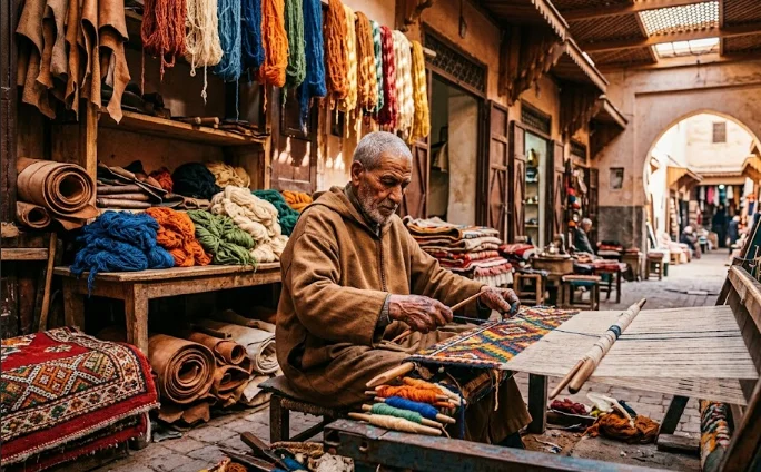 An elderly Moroccan craftsman sits at a traditional wooden loom in a souk alleyway, meticulously weaving a wool rug with intricate geometric patterns. He is surrounded by colorful yarn bobbins and hanging textiles, showcasing traditional Moroccan handicrafts.