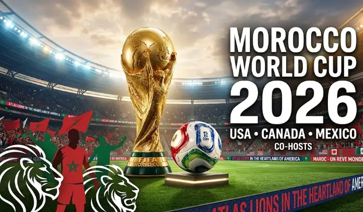 Official cover for Morocco World Cup 2026 with the FIFA trophy, soccer ball, and Atlas Lions graphics inside a crowded stadium.
