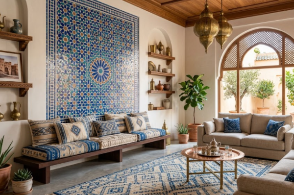 Un grand salon marocain lumineux avec un magnifique pan de mur orné d'un motif géométrique traditionnel en zellige marocain bleu et blanc, entouré de canapés contemporains.