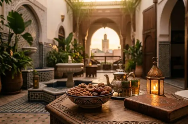 Ambiance sereine du Nouvel An Hégirien au Maroc avec thé traditionnel et fruits secs dans un riad
