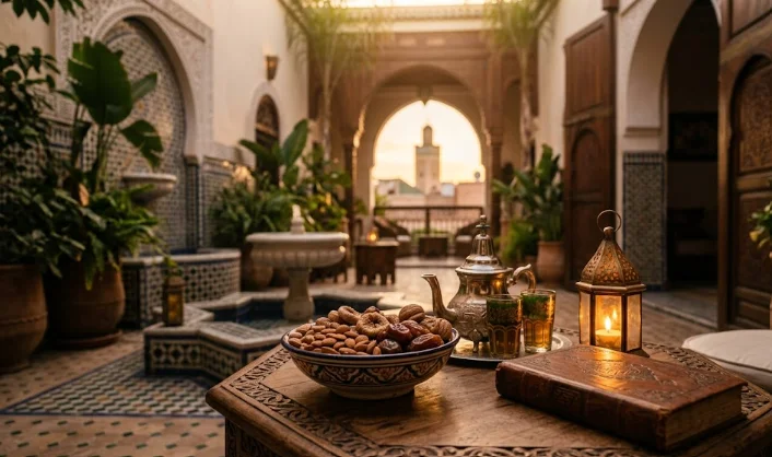 Ambiance sereine du Nouvel An Hégirien au Maroc avec thé traditionnel et fruits secs dans un riad