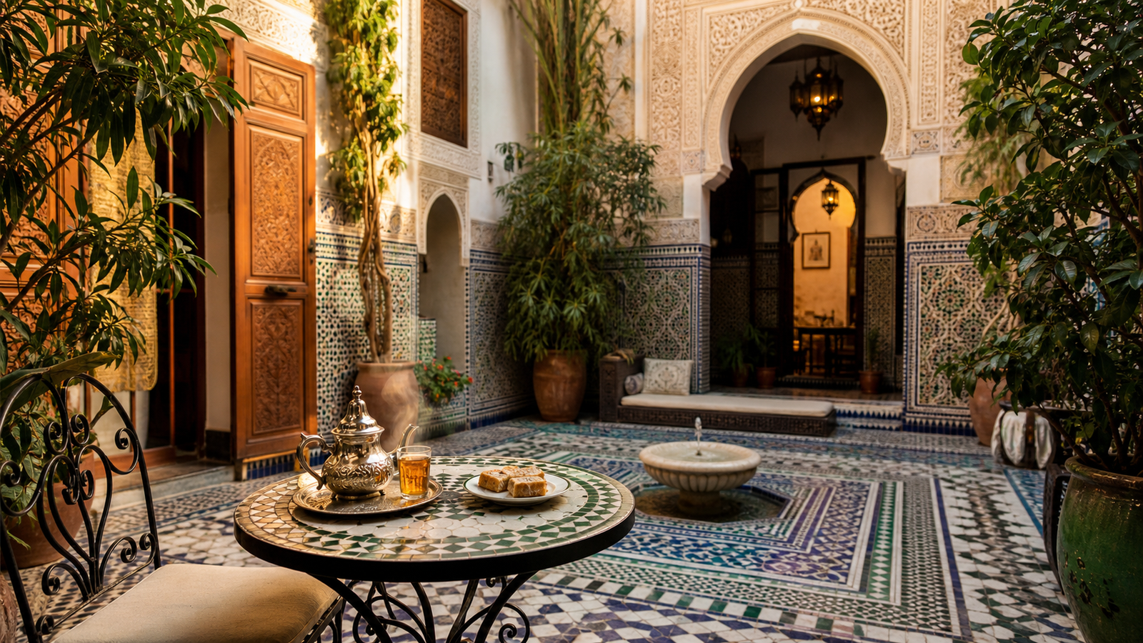Patio marocain avec table de thé, fontaine centrale et décor en zelliges,