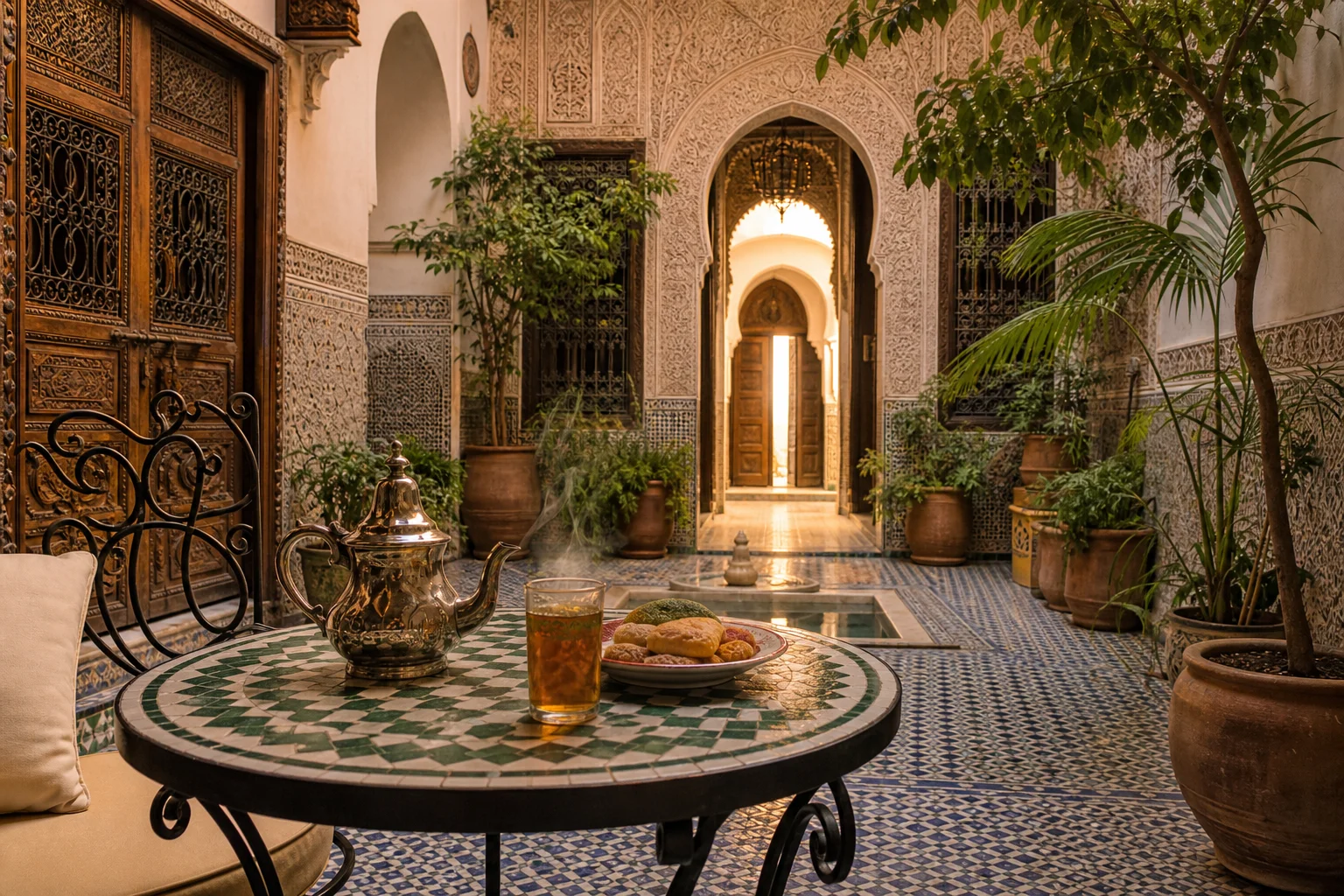 Patio marocain avec table de thé, pâtisseries et plantes autour d’une cour