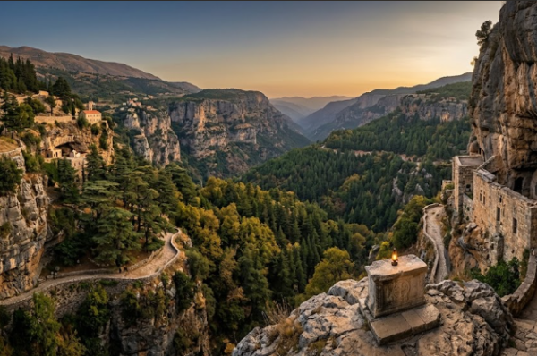 Vallée sainte de Qadisha au Liban illuminée par un coucher de soleil, évoquant l'histoire du prénom Charbil.