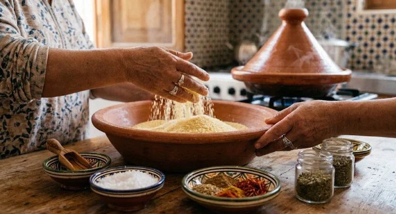 Top-down close-up view of two women manually preparing Moroccan Couscous semolina in a large terracotta bowl, surrounded by a variety of spices, salt, and herbs in small bowls and jars on a rustic wooden table.