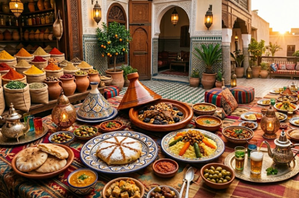 Une grande table traditionnelle dressée dans un riad avec des plats de la gastronomie marocaine comme le tajine, le couscous, la pastilla, du thé à la menthe et des sacs d'épices colorées.