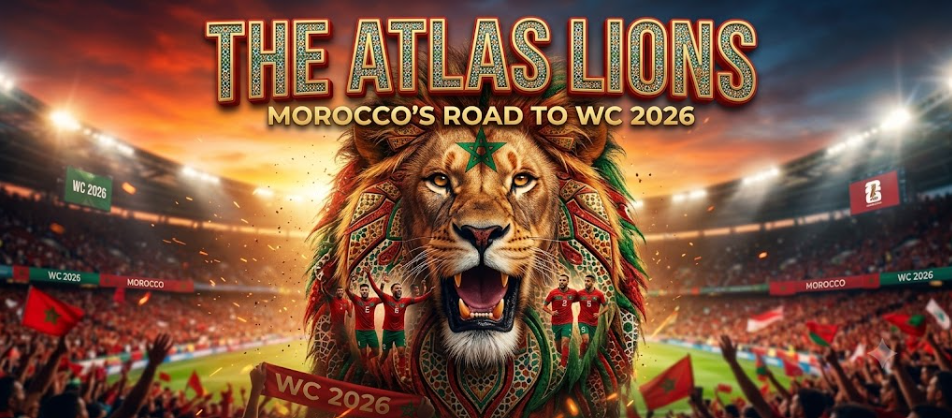An energetic stadium banner featuring the text THE ATLAS LIONS MOROCCO'S ROAD TO WC 2026 with a roaring lion and Moroccan football fans.