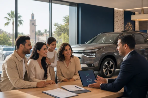 Une famille discute avec un vendeur dans une concession automobile, devant un SUV