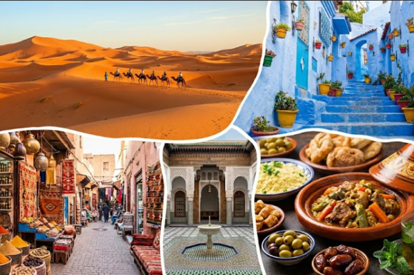 Un collage photo pour savoir comment voyager au Maroc en toute sécurité, illustrant les dunes du Sahara, les ruelles bleues de Chefchaouen, un marché traditionnel et un tajine.