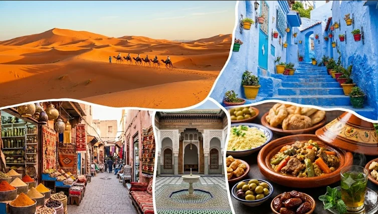 Un collage photo pour savoir comment voyager au Maroc en toute sécurité, illustrant les dunes du Sahara, les ruelles bleues de Chefchaouen, un marché traditionnel et un tajine.