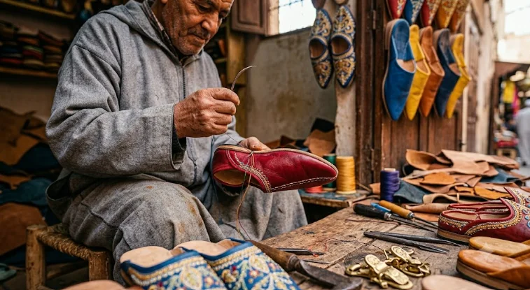 Discovering what babouche mean by watching an authentic artisan hand-stitching a traditional Moroccan leather slipper.