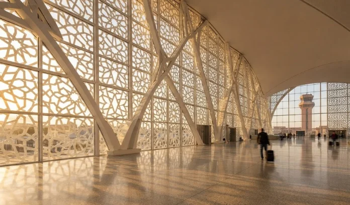 Vue intérieure d'un terminal moderne aux motifs géométriques traditionnels dans l'un des principaux aéroports du Maroc