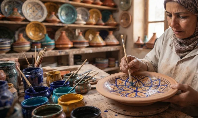 A close-up of a Moroccan artisan's hands meticulously hand-painting intricate cobalt blue and yellow patterns on a raw ceramic plate in a traditional Safi pottery workshop