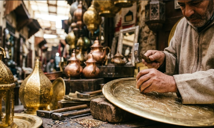 A beautiful collection of hand-hammered Moroccan metal art pieces, including lanterns and trays, in a traditional workshop.