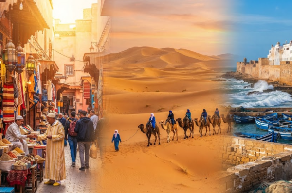 Photographie de paysages marocains combinant un souk animé, des dunes du Sahara et la ville côtière d'Essaouira