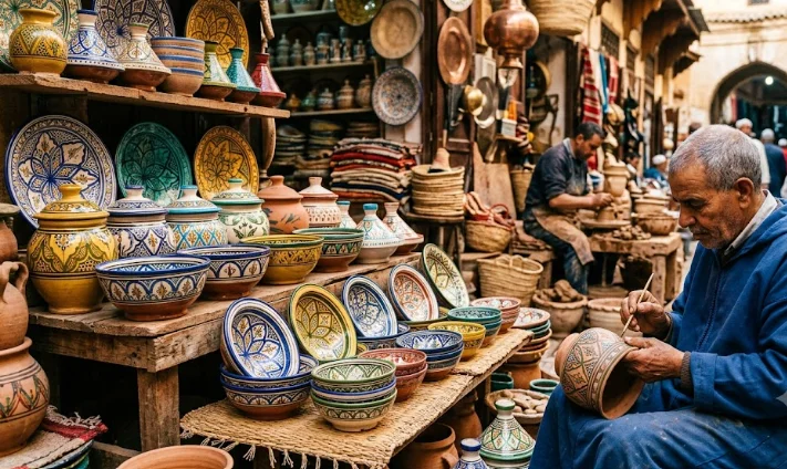 A vibrant photograph of an artisan hand-painting ceramics at a stall with authentic Moroccan handicrafts in a traditional market.