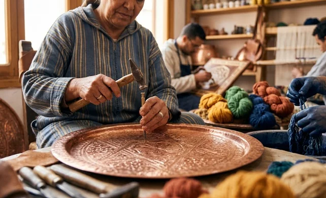 A close-up photograph of an experienced Moroccan artisan hand-carving a wooden tray among other authentic Moroccan handicrafts.