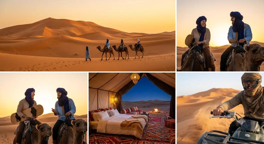 Silhouette d'une caravane de dromadaires traversant les ondulations de sable sculptées par le vent dans le désert de Merzouga au Maroc.