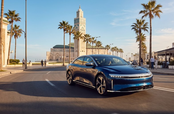 Side view of a modern luxury sedan driving in Morocco, Casablanca coastal road with mosque in background