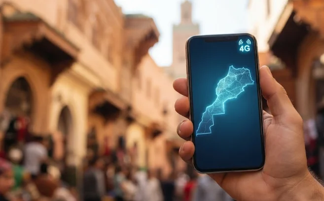 Gros plan d'une main tenant un smartphone affichant une carte réseau 4G, symbolisant l'internet au Maroc au cœur d'une médina traditionnelle.