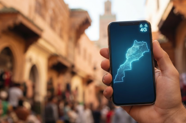 Close-up of a hand holding a smartphone displaying a 4G network map, symbolizing internet in Morocco inside a busy traditional medina.