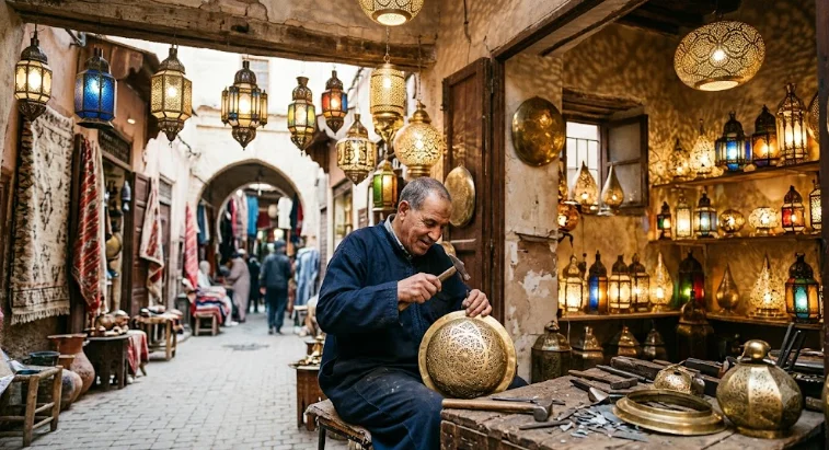 Échoppe colorée dans un souk au Maroc remplie de lanternes marocaines artisanales suspendues en laiton et verre coloré, avec un artisan travaillant en arrière-plan.