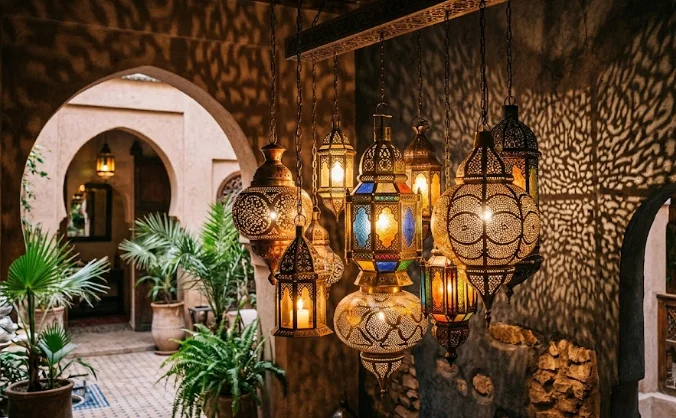 Patio de riad marocain accueillant décoré de lanternes marocaines illuminées projetant de délicates ombres géométriques sur les murs.
