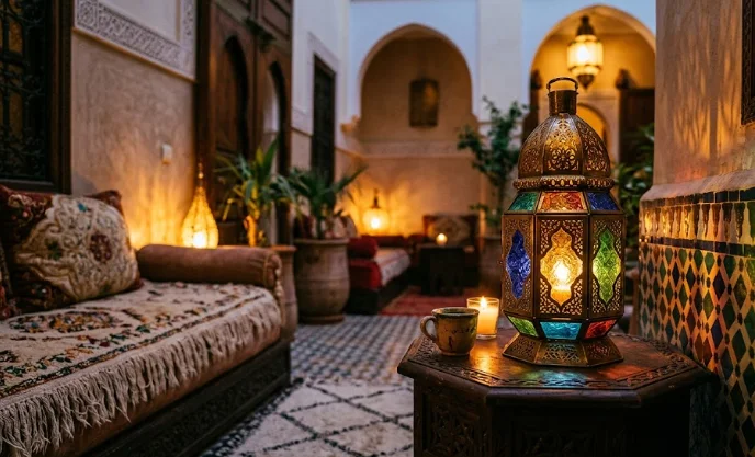 Vue détaillée d'une lanterne marocaine traditionnelle brillamment éclairée, illustrant l'artisanat marocain et des idées de décoration pour la maison.