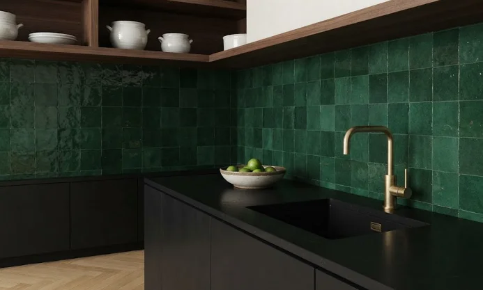 A modern luxury kitchen featuring a striking emerald green Moroccan Zellige kitchen backsplash, dark cabinets, and a brass faucet.