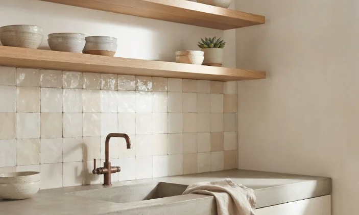 A neutral-toned Moroccan Zellige kitchen backsplash featuring handmade cream tiles, floating wooden shelves, and a copper faucet.