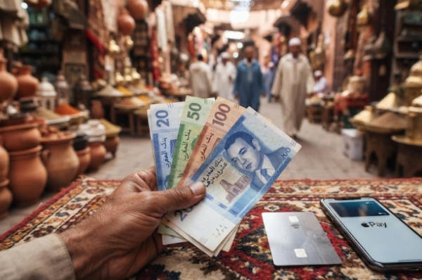 A hand holding Moroccan Dirham banknotes (Morocco currency) alongside a credit card and a smartphone showing Apple Pay on a traditional rug, with a blurred bustling souk in the background.