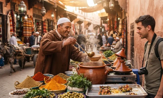 A smiling local vendor serving traditional food to a tourist in a bustling Marrakech souk, surrounded by spices and tagines.