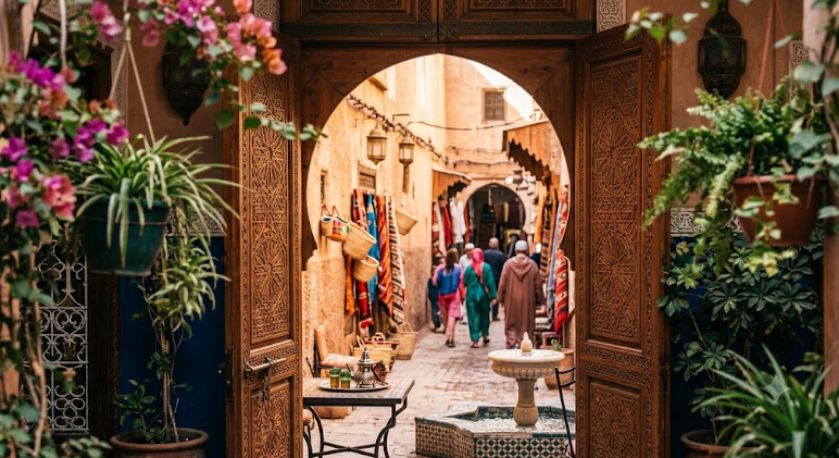 Sunlit view of a Moroccan Medina alley through an ornate carved wooden archway, illustrating Morocco travel safety.