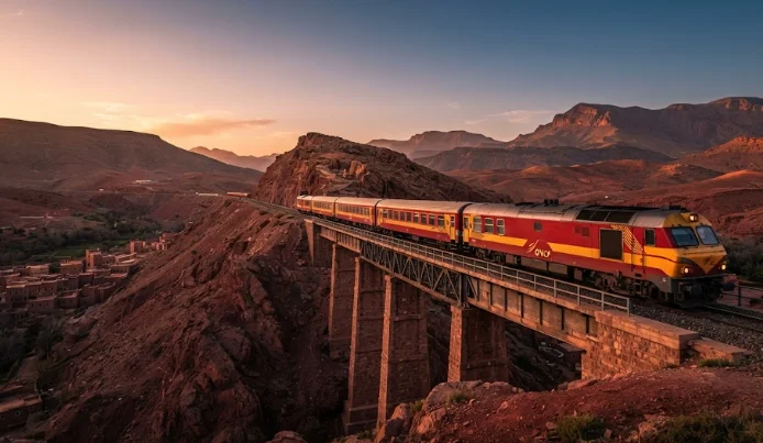 ONCF Morocco train traveling across a bridge through a scenic mountainous landscape during sunset