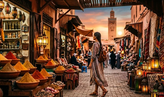 Une jeune femme se demande que faire à Marrakech en explorant un souk traditionnel rempli d'épices colorées et de lanternes en cuivre.