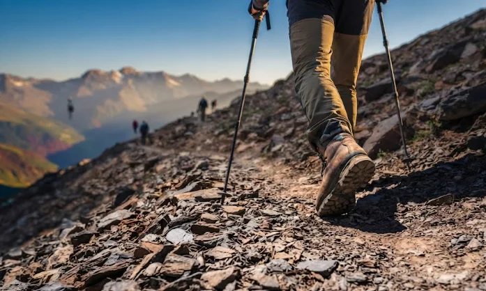 Gros plan sur les chaussures et les bâtons de marche d'un randonneur sur un sentier rocailleux lors d'un trek du Toubkal dans le Haut Atlas.