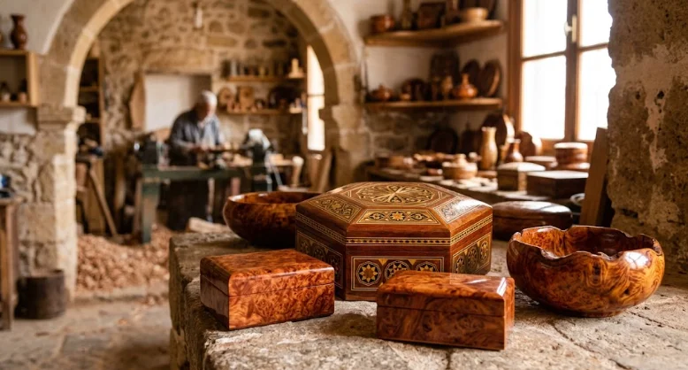 A selection of handcrafted decorative boxes and a carved bowl made from polished Thuya wood, displayed on a stone surface inside an artisan workshop in Essaouira, Morocco.